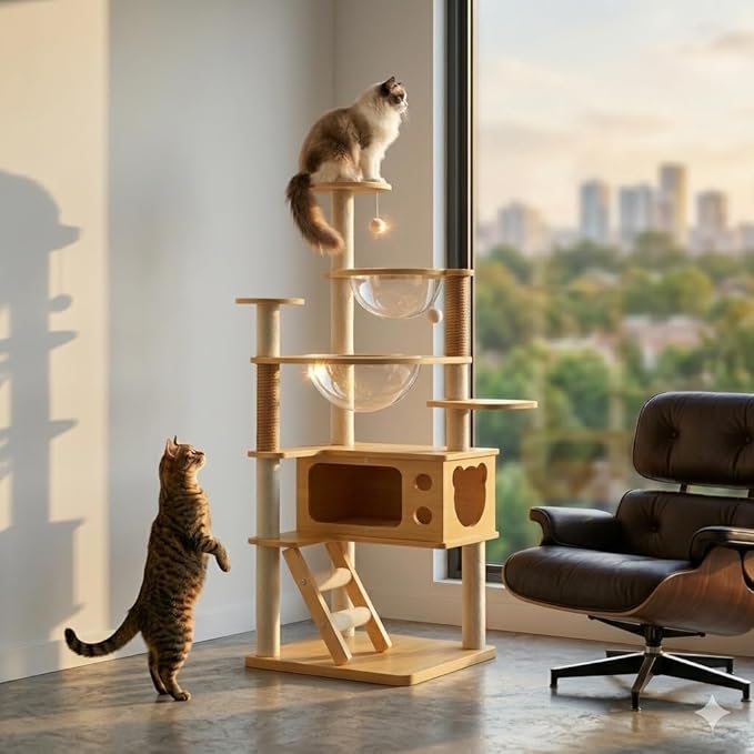 Cat Tree for Indoor Cats, 57" Large Modern Cat Tower with 2 Acrylic Space Capsule Perches, Wooden Cat Condo, Sisal Scratching Posts, Easy-Climb Ladder & Hanging Toys, Cat Activity Tree for Large Cats