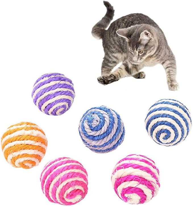 ISMARTEN 6 Pack Cat Toys Balls, 1.77" Yarn Pet Interactive Ball with Bell Inside, Kittens Chew Toys for Indoor Cats Kitty (Medium, Sisal)
