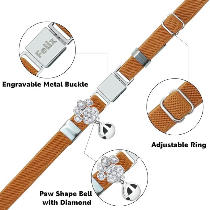 Personalized Safety Elastic Cat Collars with Bell,Laser Customized Stretch Kitten Collars for Girls Boys Cats-Light Brown