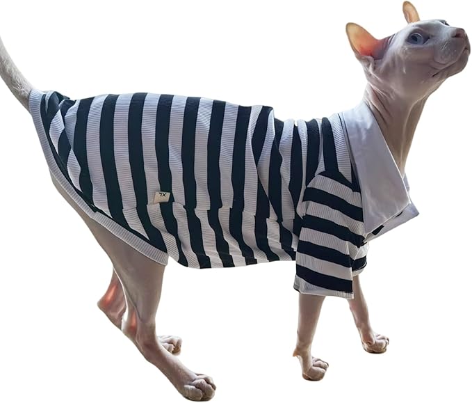 Sphynx Cat Shirt Cotton Hairless Kitten Polo T-Shirt with Sleeves Pullover Cat Pajamas for Sphynx Cornish Rex, Devon Rex, Peterbald (Black White Polo, XX-Large)