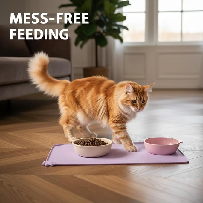 Cute Silicone Pet Feeding Mat for Dogs and Cats, Waterproof Non-Slip Food Tray with Raised Edges for Clean Floors All Season Use (Pink)