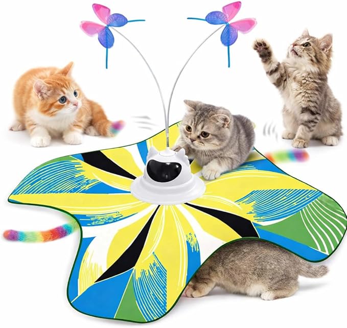 Interactive Cat Toy for Indoor Cats, Rechargeable 3-in-1 Hide and Seek Cat Toy with Spinning Butterfly & Plush Tail, Touch Activated Self Play Electric Cat Exercise Toy for Adult Cats & Kittens