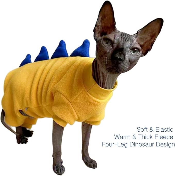 Four Leg Dinosaur Sphynx Cat Clothes Pjamas Hairless Cat Warm Polar Fleece Jumpsuit Elastic Pet Clothes for Sphynx Cat Surgery Recovery Suit Hairless Cat Shirt for Devon, Cornish (Yellow, Medium)
