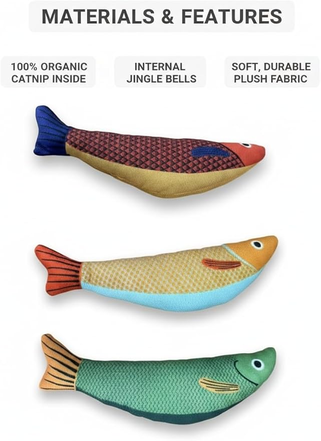 Cat Toy Saury Fish, 3-Pack (Green, Yellow, Orange), Catnip & Bell Sound, Soft & Durable, Interactive Kitten Toy for Indoor Cat Exercise, 8.7 Inches, Suitable for All Cat Breeds