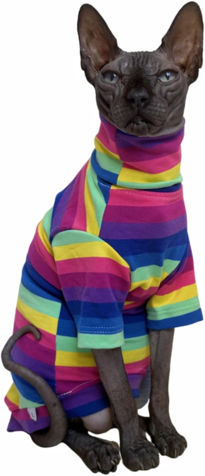 Vintage Stripes Sphynx Hairless Cats Shirt Cotton Cat Turtleneck Pet Clothes Kitten T-Shirts with Sleeves for Sphynx Cornish Rex, Devon Rex, Peterbald (Rainbow Stripe, S (3.3-4.4 lbs))