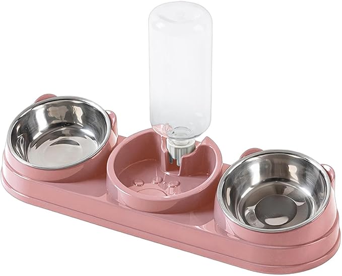 Elevated Double Bowl Pet Feeders with Automatic Water Dispenser Antislip Base for Dog Cats Daily Feeding Watering Supply Automatic Water Dispenser Pet Bowl