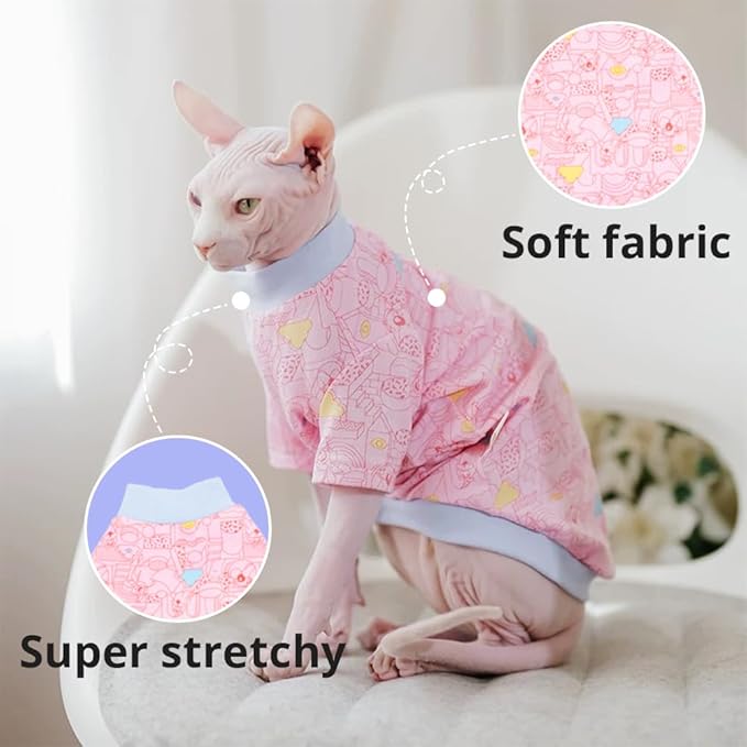 Sphynx Cat Clothes, Hairless Cat Shirt, Soft Stretchy Sweater for Cats, Breathable Cat Daily Outfit, Cat Pullover for Cornish Rex, Devon Rex (Pink Cartoon, S (2.5-3.5lbs))