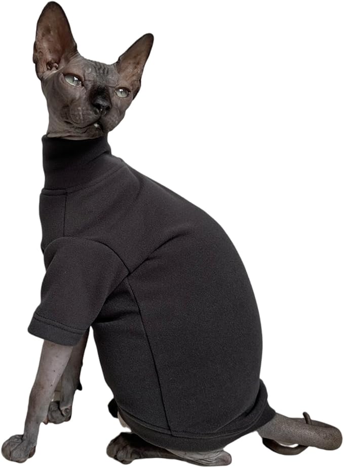 Sphynx Cats Solid Warm Fleece Shirt Cat Turtleneck Undershirt Thermal Hairless Cat Clothes for Sphynx, Devon, Cornish Cat Clothes and Small Kitten and Dogs (Deep Grey, Medium)