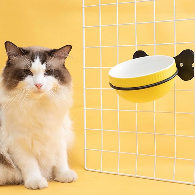 TOYANDONA Multi-Function Hanging Ceramic Pet Bowl Set with Tilted Iron Stand, Yellow Fishbone Planet Design, Suitable for Cats and Puppies Feeding and Watering