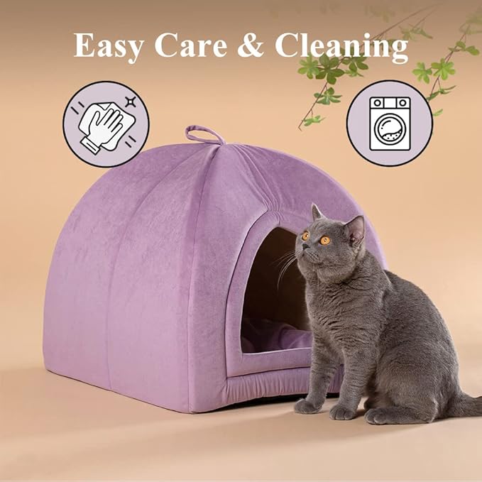 KASENTEX Cat Bed for Indoor Cats, 2-in-1 Cat House Pet Supplies for Kitten and Small Cat or Dog - Animal Cave, Cat Tent with Removable Washable Pillow Cushion (Purple 15x15x15)