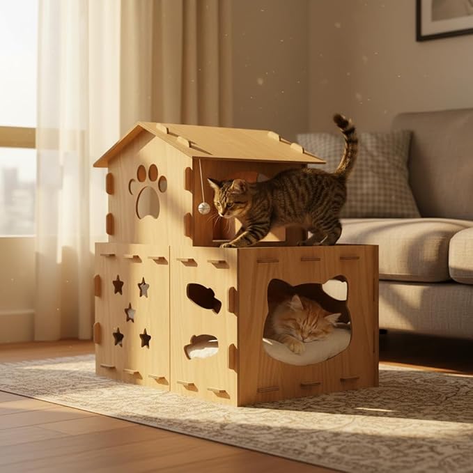 Cardboard Cat Scratcher House, Modular Cat Condo - 25" Large 2-in-1 Double Layer Cat Play Villa with Built-in Scratching Surface for Indoor Cats - Final Clearance, Limited Stock Left!