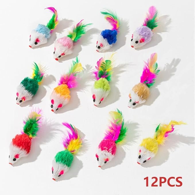 Cat Mouse Toys 12 Pcs Rattle Mice for Indoor Cats Furry Feather Fake Mouse Kitten Interactive Play Squeaky Fur Mice Cat Toy Funny Kitty Tracking Game with Rattling Sounds