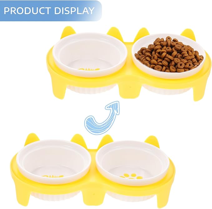 ORFOFE Ceramic Cat Food Bowl Set with Raised Yellow Thickened Double Bowls and Sturdy Stand, Reusable Indoor Pet Feeding and Watering Dish for Cats and Kittens