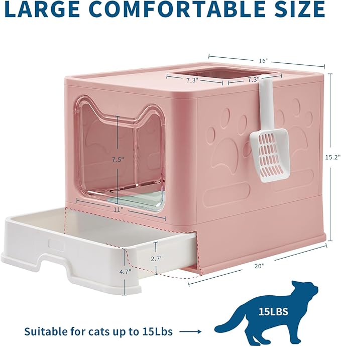 Medario Cat Litter Box with Litter Mat and Scoop, Large Covered Litter Box with Lid, Enclosed Kitty Box, Front Entry Top Exit, Odor Control, Easy to Clean (Pink)