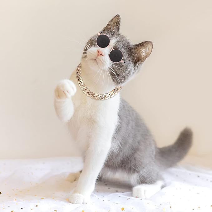Molain Cat Sunglasses Gold Chain Costume Decorations UV Protection Classic Retro Puppy Retro Sunglasses Faux Photo Props