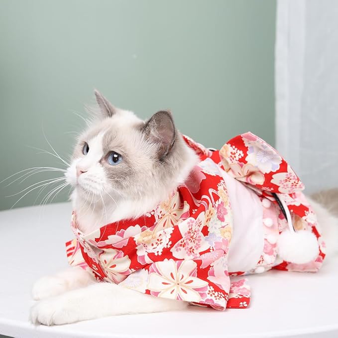 Cute Cat Kimono Dress SakuraFlower Pattern with Bowtie Pet Photo Cat Halloween Costume Cat Princess Cute Cat Outfit (Red,M-7to12lb)