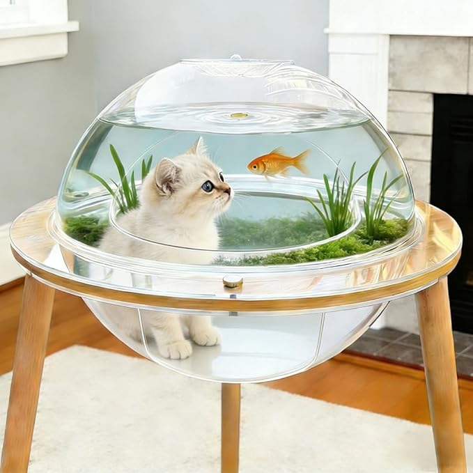 2 in 1 Acrylic Cat House with Fish Tank, Clear Cat Bed with Wooden Legs, Modern Cat Cave Indoor with Aquarium Base, Transparent Cat Pod Bed Furniture for Cats, 23.6" L × 23.6" W × 20.5" H