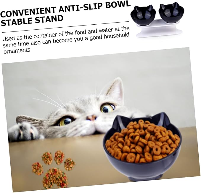 Ciieeo Double Cat Food Bowl with Tilted Design, Black Plastic Raised Pet Feeder for Cats and Small Dogs, Anti-Spill Neck-Protecting Double Plastic Pet Bowl for Feeding and Watering
