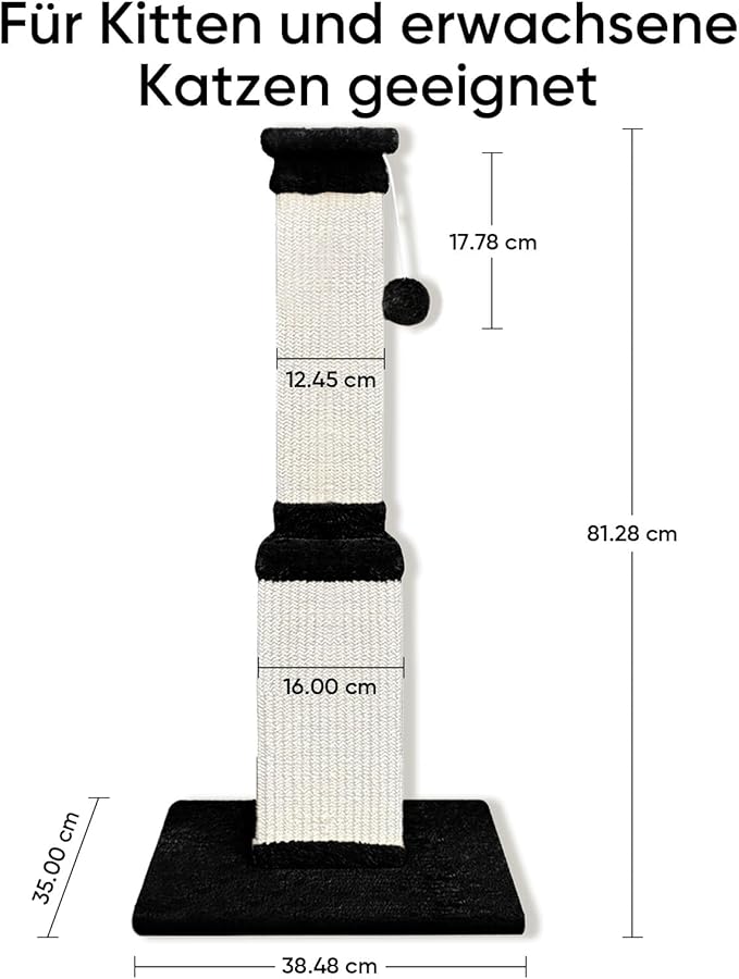 Cat Scratching Post, 32 Inch Cat Scratching Posts for Large Cats, Scratching Posts for Indoor Cats Adults, Cat Scratch Post with Nature Sisal, Black and White