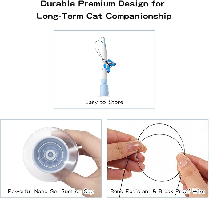 Interactive Cat Toys for Indoor Cats - Electric Cat Wand Toy with Butterfly, Self-Play & Handheld Dual Mode, USB Rechargeable with Strong Suction Base, Smart Motion Activated Enrichment Cat Toy, Blue