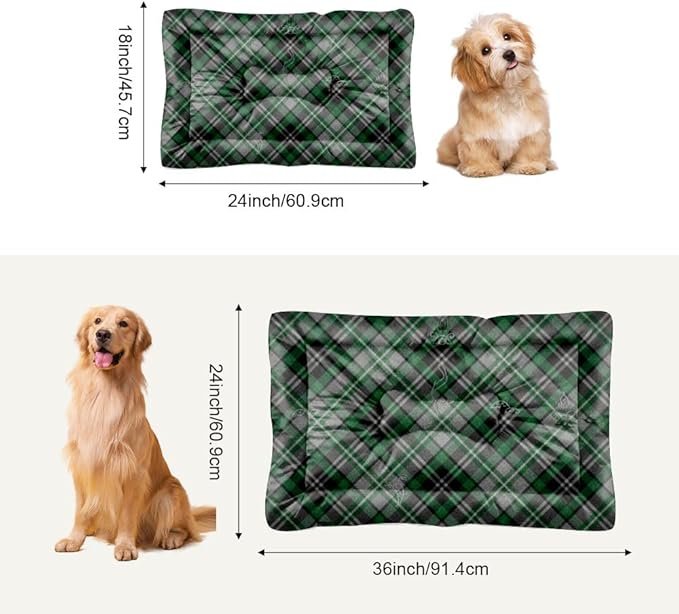 Grey Green Plaid Crate Dog Bed Non Slip Bottom Dog Bed Machine Washable Cozy Soft Cage Pad Furniture for Dogs Printed Mats Gift Flat Cat 36× 24 Inch Indoor Outdoor