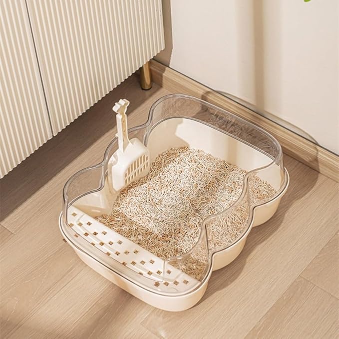 Pet Supplies, Extra Large Semi-Closed Cat Litter Box with Clear Flap & Scoop, Anti-Splash(Beige)