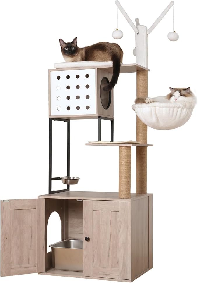 Cat Tree & Litter Box Enclosure,Modern All-in-one Indoor Cats Tower with Large Platform, Cat Condo with Wood House, Food Station, Hammocks (23.6”)