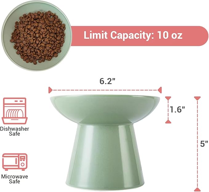 CEEFU Extra Wide Elevated Ceramic Cat Bowl, 6.2" Shallow Dish for Whisker Fatigue Relief, 5" Height for Easy Feeding, Durable Raised Cat Food Bowls, Pack of 2, Sage Green