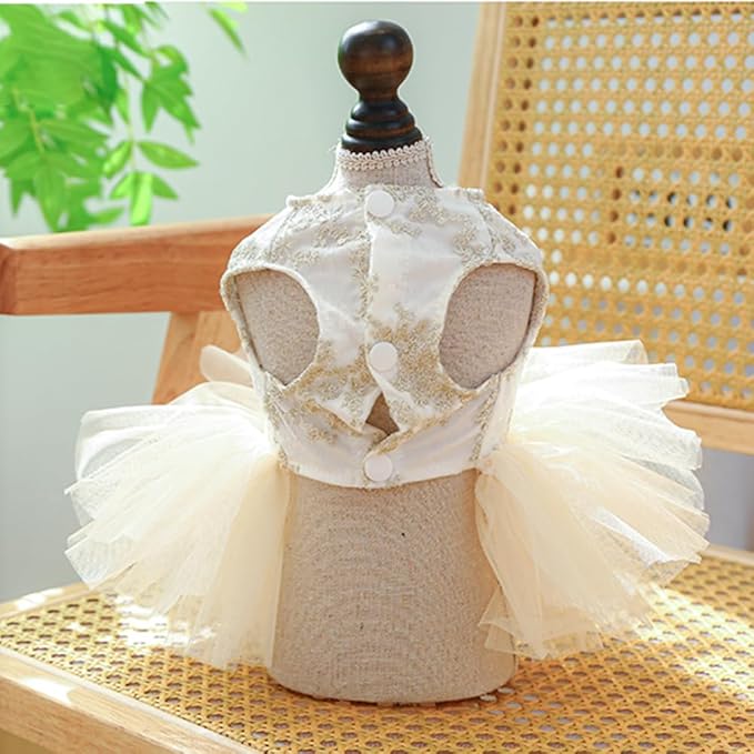ANIAC Embroidered Dog Dress for Small Dog,Girl Puppy Princess Tutu Dress with Leash Ring,Cat Apparel,Chihuahua Yorkie Clothes for Birthday Wedding (Small, Champagne)