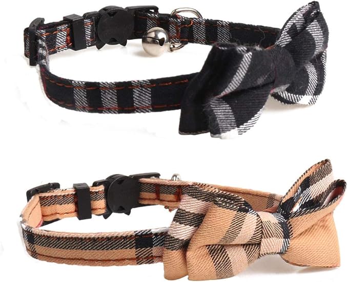 2 Pack/Set Cat Collar Breakaway with Cute Bow Tie and Bell for Kitty and Some Puppies, Adjustable from 7.8-10.5 Inch