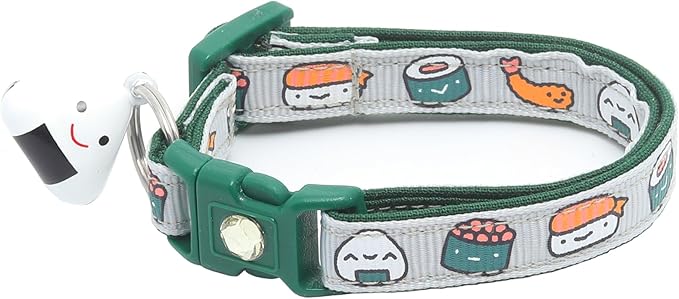 Sushi Cat Collar with Onigiri Bell | Adjustable Large Size or Kitten Collar | Safety Breakaway Collarr (Small(10lbs & Less), Silver)