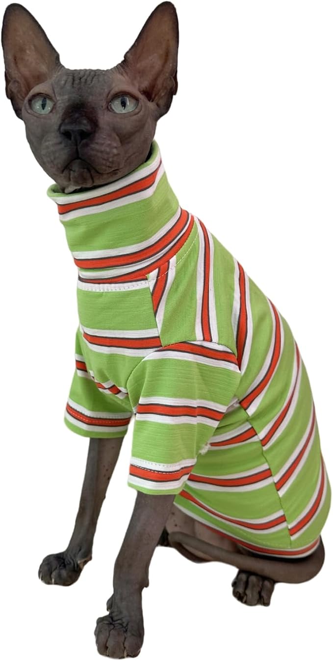 Vintage Stripes Sphynx Hairless Cats Shirt Cotton Cat Turtleneck Pet Clothes Kitten T-Shirts with Sleeves for Sphynx Cornish Rex, Devon Rex, Peterbald (Orange & Green, Small (Pack of 1))