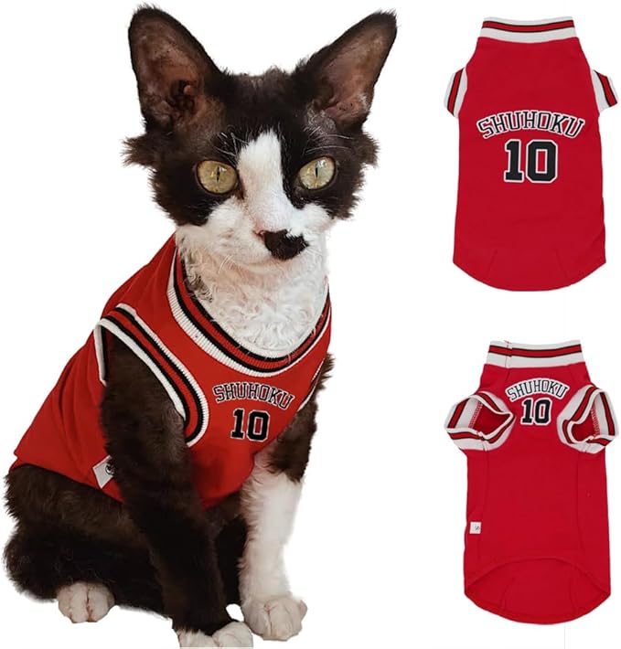 Sphynx Cat Basketball Jersey, Anime-Inspired Pet Shirt, Breathable Stretchy Cotton Outfit for Hairless Cats & Small Dogs, Sleeveless Sport Costume for Cats (Red, Medium (3.5-5 lbs))