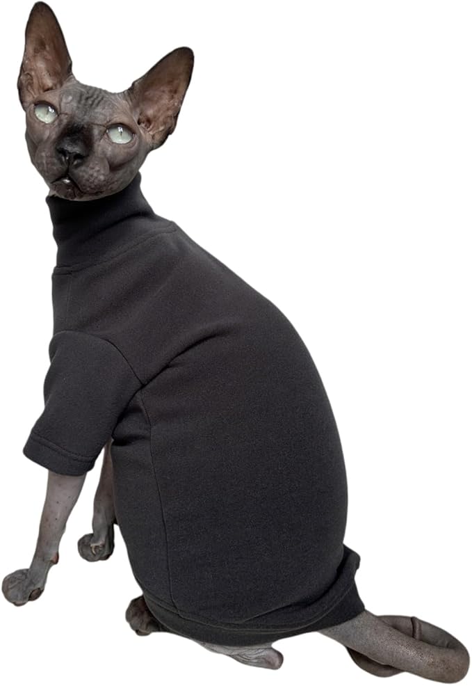Sphynx Cats Solid Warm Fleece Shirt Cat Turtleneck Undershirt Thermal Hairless Cat Clothes for Sphynx, Devon, Cornish Cat Clothes and Small Kitten and Dogs (Deep Grey, Medium)