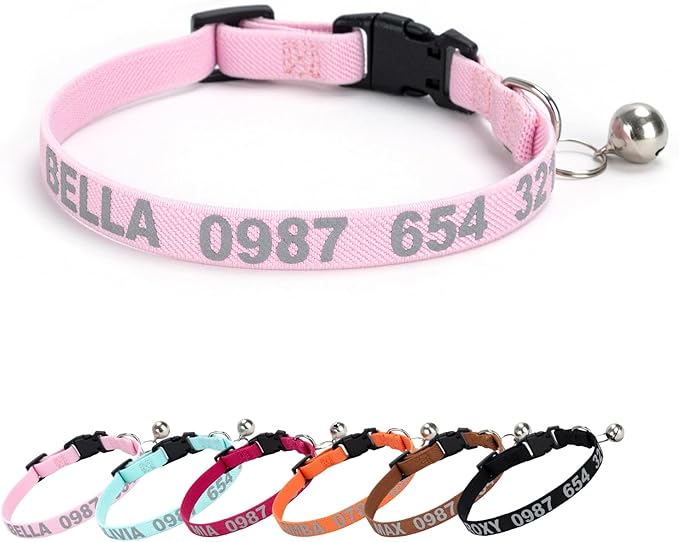 Personalized Cat Collar with Reflective Text for Night Visibility, Elastic Quick-Release Non-Breakaway Design, Fits Kittens, Small & Large Cats, Safe for Daily Wear