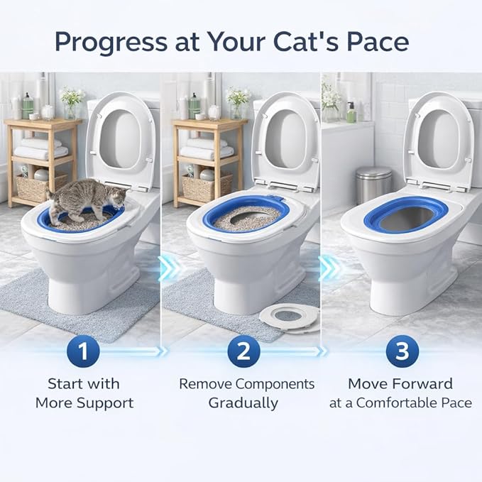 Reusable Cat Toilet Training System,Cat Toilet Trainer with 5 Removable Training Components,Easy Clean ABS Cat Training Seat with Stable Outer Frame,Fits Most Standard Toilet Seats,Blue