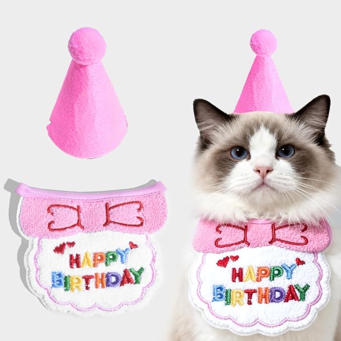 Cat Birthday Hat & Bandana Set – Birthday Decorations for Small Dogs and Cats, Cute Party Hat & Bib Costume for Cat Birthday Party or Puppy Celebrations (Pink)