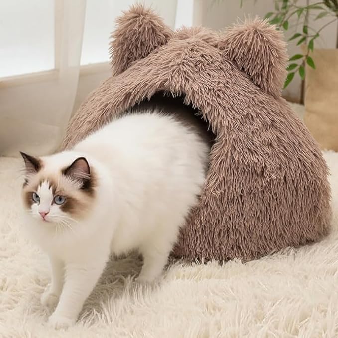 Cute Cat Bed, Plush Cat Cave Bed for Indoor Cats, Self-Warming Cave with Washable Cushion & Anti-Slip Bottom, Cozy Soft Pet Cats House for Kittens Small Dogs (Light Grey, 18.8 ×18.8 in)