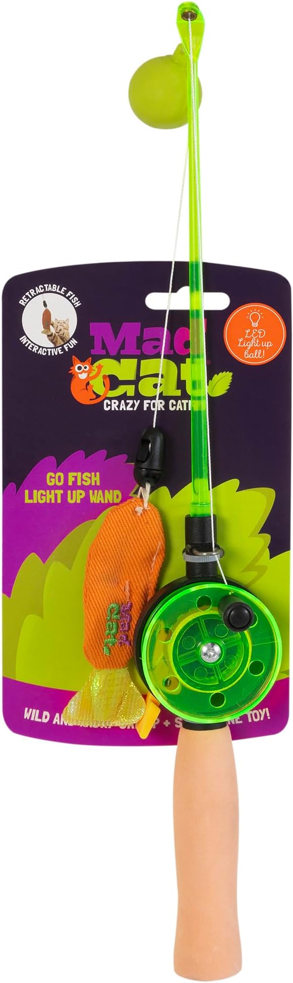 Mad Cat Go Fish Light Up Wand Teaser Cat Toy with Catnip & Silvervine Pack of 1 | Interactive Light-Up Fishing Wand for Chasing, Jumping & Exercise