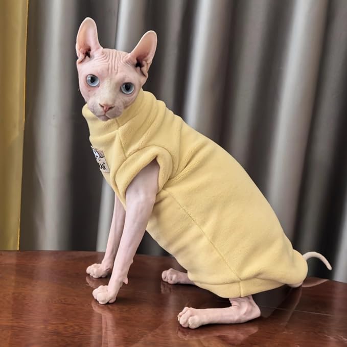 Sphynx Cat Clothes Hairless Cat Warm Fleece Vest Elastic Winter Sweater Outfit, Pet Clothes for Sphynx Cat Coat for Cats and Small Dogs Apparel, Hairless cat Shirts Sweaters (Yolk, Medium)