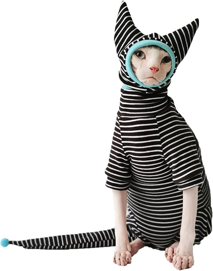 Hairless Cat Clothes, Cat Jumpsuit with Stripes 4 Legged Pajamas, Sphinx Clothing, Cat Apparel for Cats, Pet Onesies, Striped Cat Clothing with Hat and Tail Cover Set (X-Large, Only Jumpsuit)