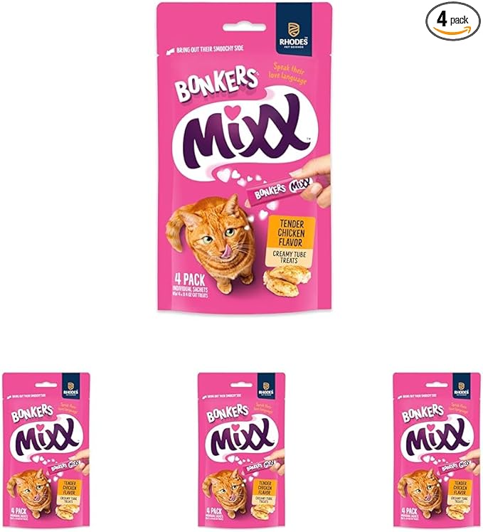 Bonkers Mixx, Wet Lickable Tube Tender Chicken Flavor Cat Treats, Real Meat, Training or Food Topper, for All Breeds and Ages (4 Pieces) (Pack of 4)