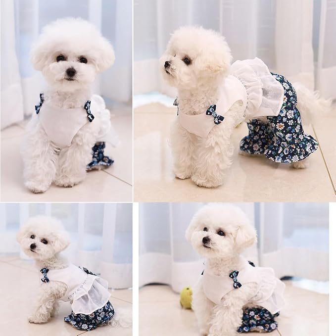 Vintage Floral Bowknot Sleeveless Romper for Small Dogs Cats Rabbits, Breathable Cotton Ruffle Flared Pants, Teacup to Small-Medium Pets for Walk Photo Vacation (Blue-Floral, Large)