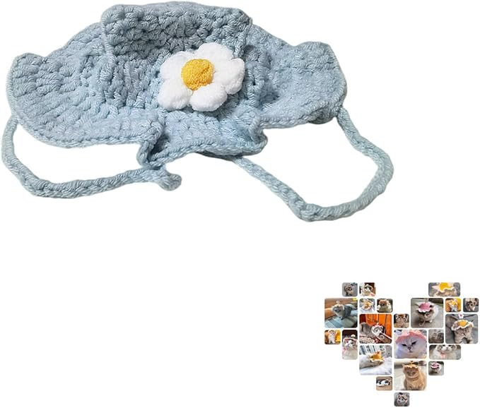 Cute Cat Hat with Flower Design - Soft Knitted Pet Costume for Medium Cats | Lightweight Polyester, Adorable Styling for Photoshoots, Birthday & Daily Dress Up (Light Blue)