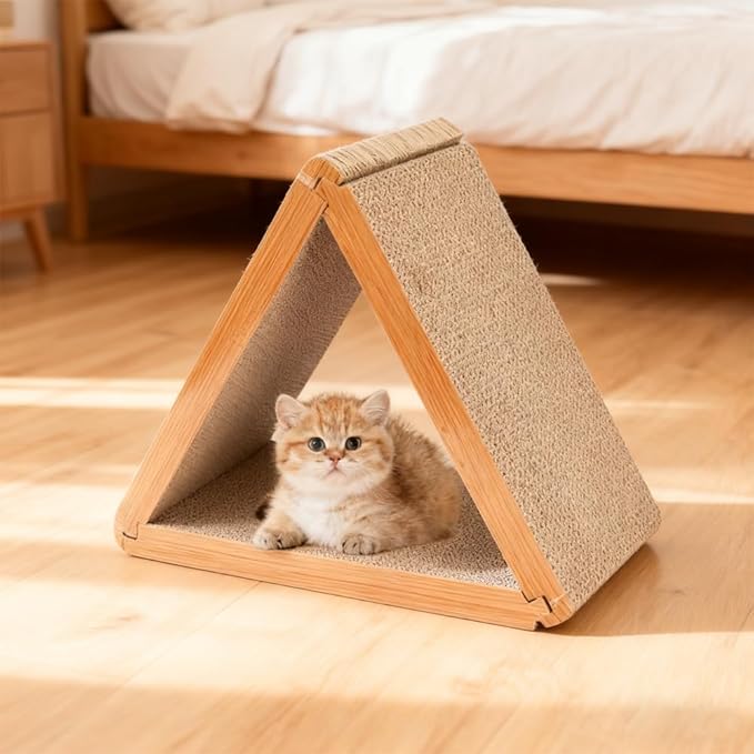 3 Pack Cardboard Cat Scratcher Pad, 6-Sided Buildable Triangle Cat House, Durable Scratching Board Furniture Protector for Indoor Cats