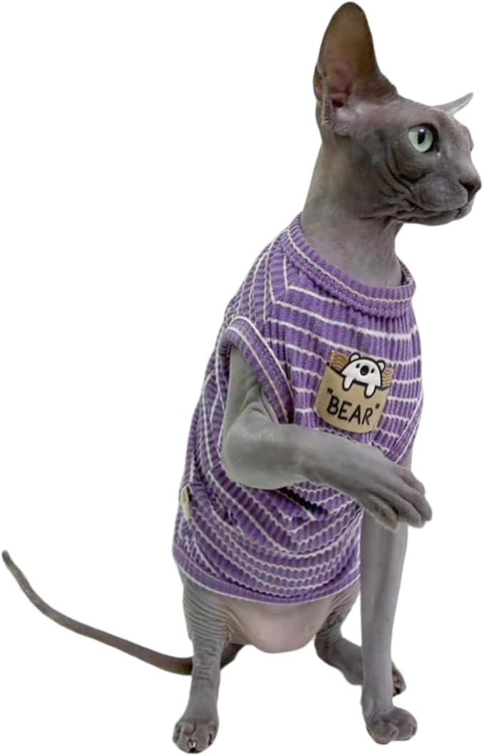 Sphynx Cat Clothes Vest for Hairless Cat, Rib Knit Stripe Cats T-Shirt Apparel, Kitten Summer Cotton Shirts Sleeveless for Cornish Rex, Devon Rex, Peterbald (Purple, S (3.5-5 lbs))