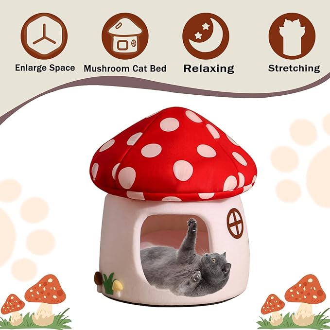 Mushroom Cow Cat Bed House for Indoor Cats & Small Dogs - Soft Cave-Style Pet Nest with Removable Washable Cushion, Plush Semi-Enclosed Cat Cave Tent, Red & White, Cozy Non-Slip Calming Bed