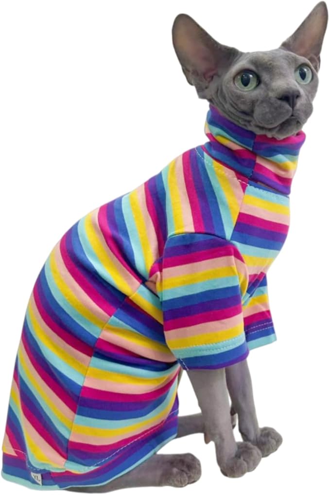 Vintage Stripes Sphynx Hairless Cats Shirt Cotton Cat Turtleneck Pet Clothes Kitten T-Shirts with Sleeves for Sphynx Cornish Rex, Devon Rex, Peterbald (Rainbow Stripe, X-Large (Pack of 1))