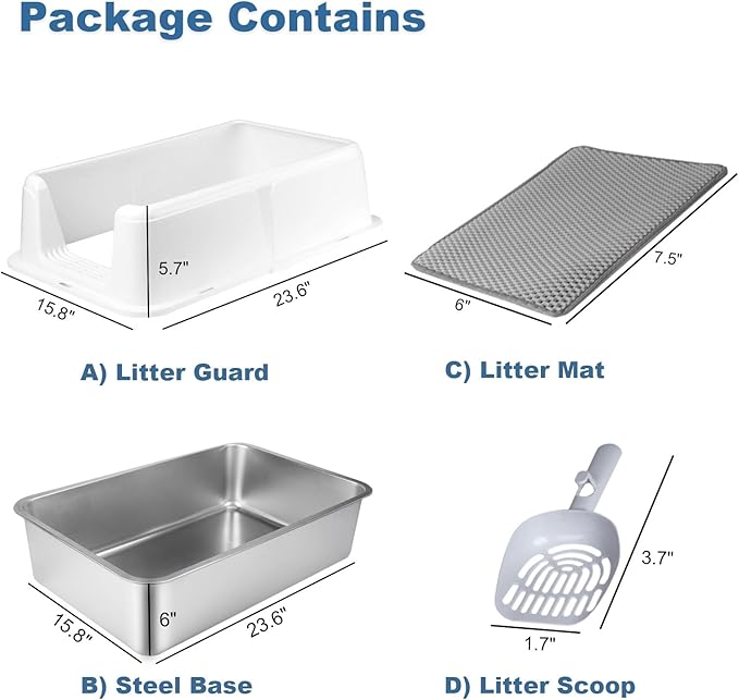 Stainless Steel Cat Litter Box with Lid - XL Extra Large Enclosed Metal Litter Pan for Big Cats, High Sided Non-Stick Odor Resistant Anti-Urine Leakage, Easy Clean with Scoop & Mat, White