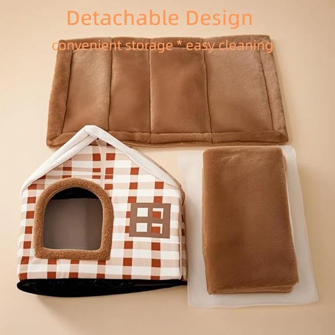 Double Roof Cat Nest Cute Bear Shaped Dog House Foldable Warm Soft Kennel with Removable Cushion and Non-Slip Bottom
